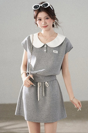 Gray Doll Collar Short-Sleeve Top and Skirt Set-Up