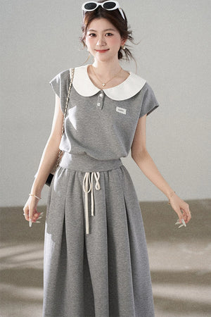 Gray Doll Collar Short-Sleeve Top and Skirt Set-Up