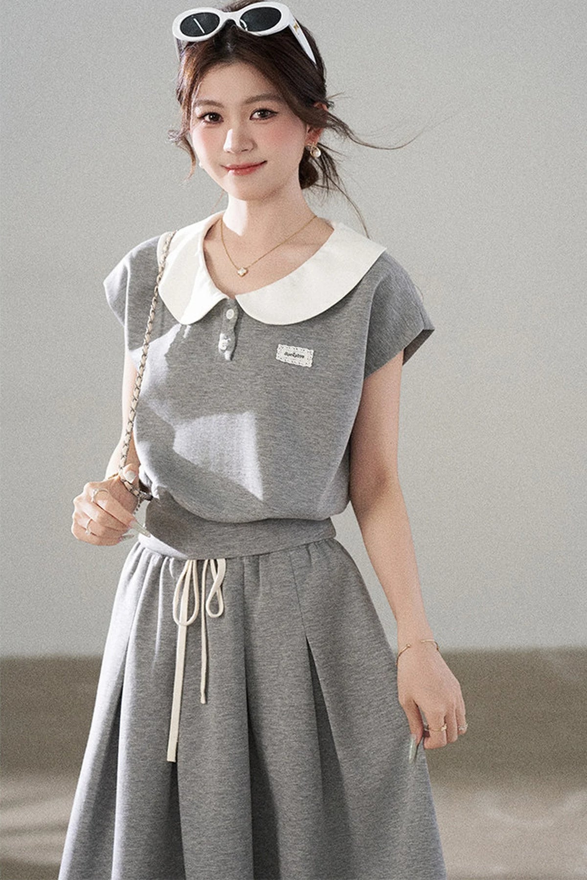 Gray Doll Collar Short-Sleeve Top and Skirt Set-Up