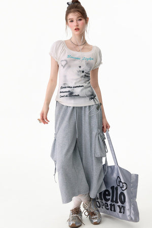 Gray Drawstring Pocket Wide Leg Sweatpants