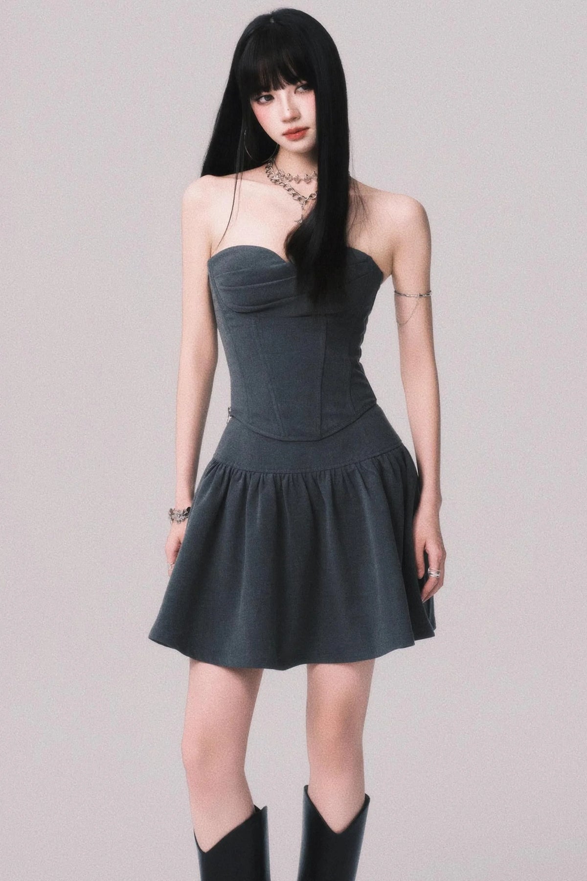 Gray Fishbone Waist Top Bustier Skirt Set-Up