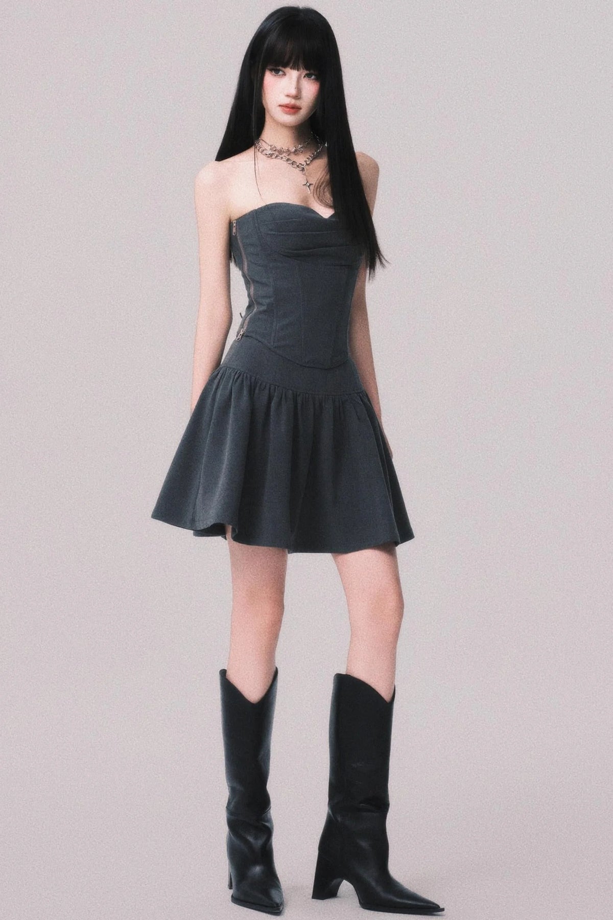 Gray Fishbone Waist Top Bustier Skirt Set-Up