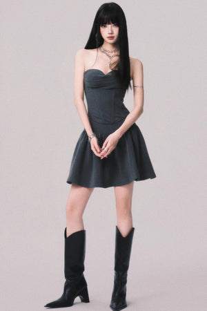 Gray Fishbone Waist Top Bustier Skirt Set-Up