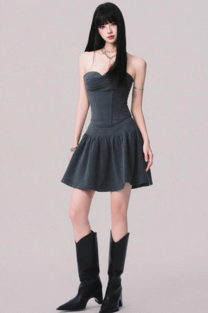 Gray Fishbone Waist Top Bustier Skirt Set-Up