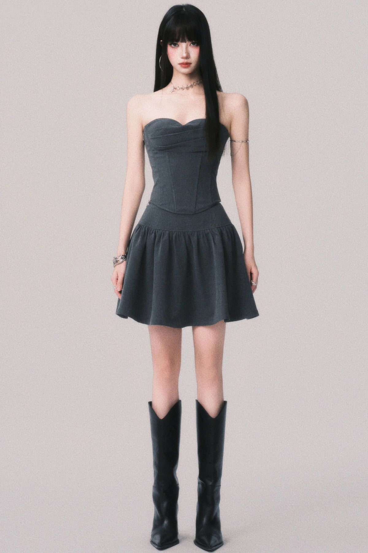 Gray Fishbone Waist Top Bustier Skirt Set-Up