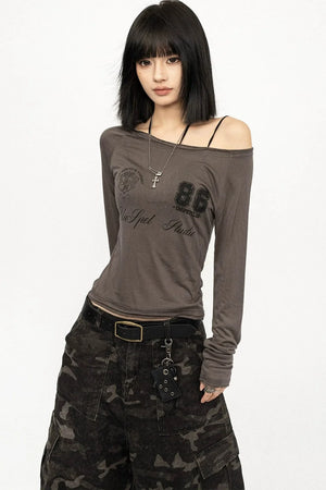 Gray Graphic Off-Shoulder Long Sleeve Top