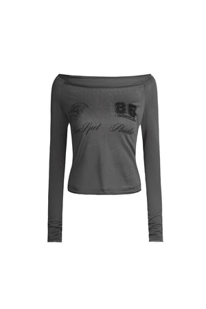 Gray Graphic Off-Shoulder Long Sleeve Top