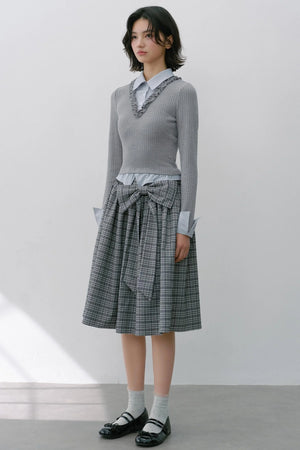 Gray Knit Patchwork Vertical Striped Fungus Edge Top