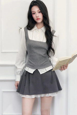 Gray Knit Vest Blouse and Skirt Set-Up