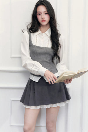 Gray Knit Vest Blouse and Skirt Set-Up