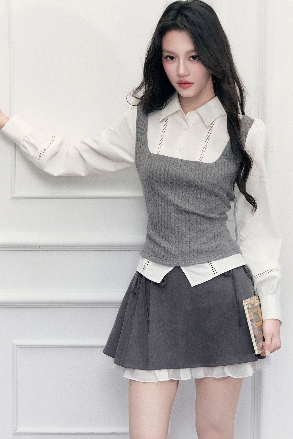 Gray Knit Vest Blouse and Skirt Set-Up