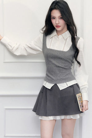 Gray Knit Vest Blouse and Skirt Set-Up