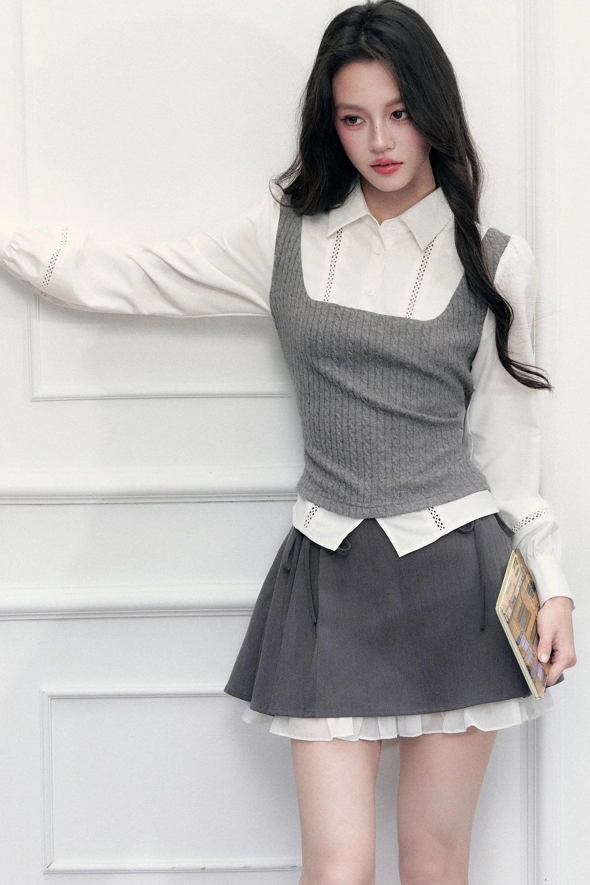 Gray Knit Vest Blouse and Skirt Set-Up