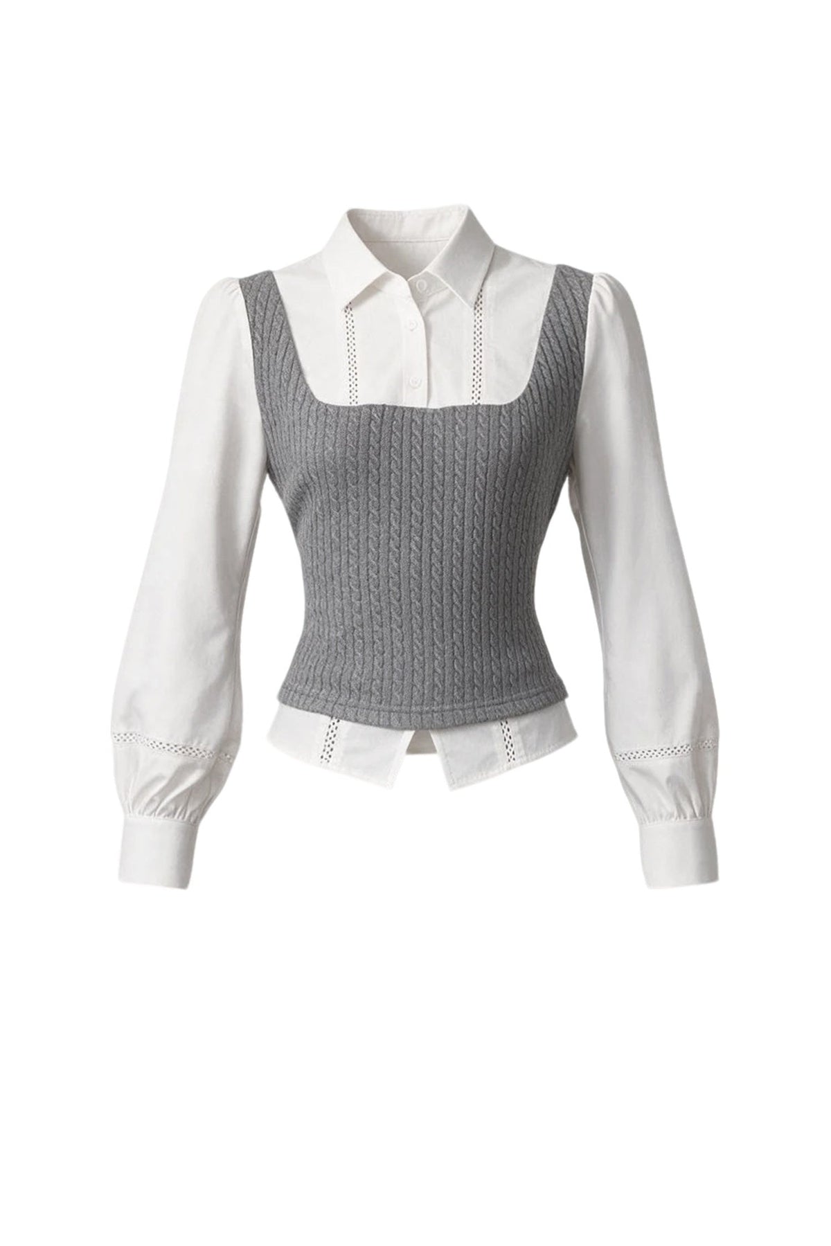 Gray Knit Vest Blouse and Skirt Set-Up