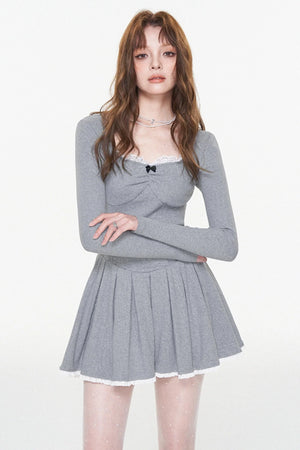 Gray Lace Bow-Detail U-Neck Dress