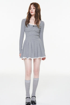 Gray Lace Bow-Detail U-Neck Dress
