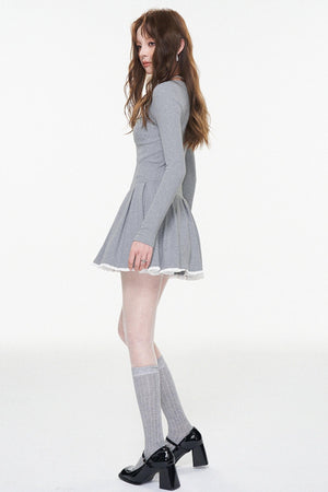 Gray Lace Bow-Detail U-Neck Dress