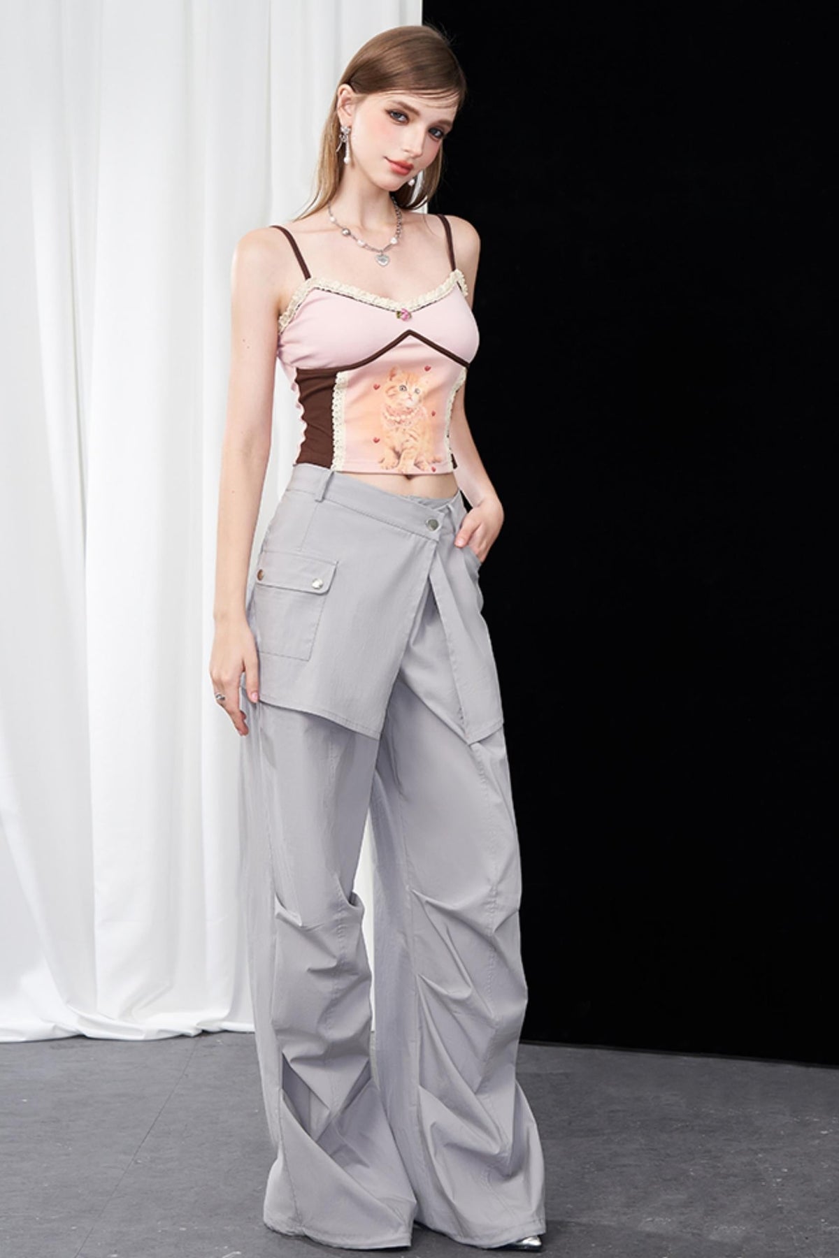 Gray Layered Pleat Work Trousers