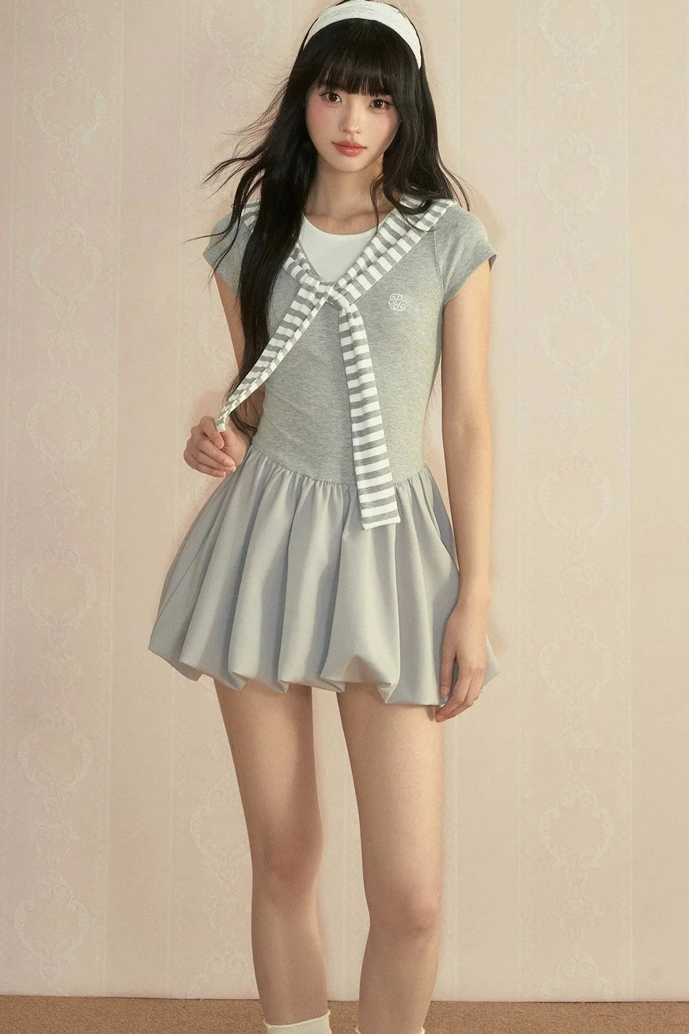 Gray Navy Collar Wrap Dress