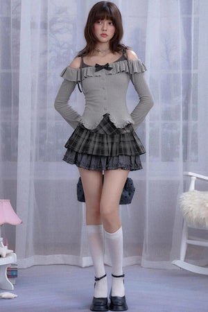 Gray One-Shoulder Long-Sleeved Slim Top