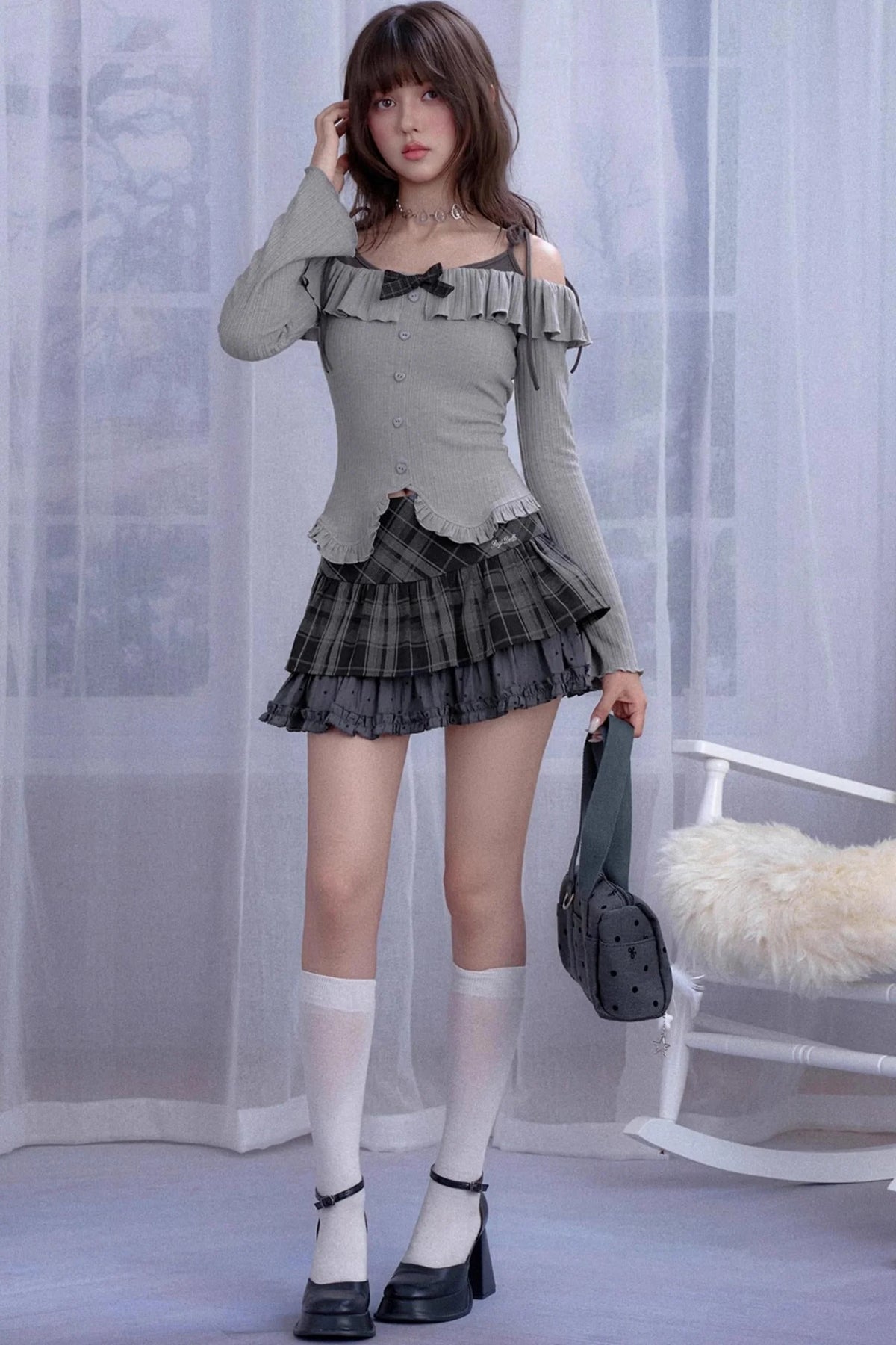 Gray One-Shoulder Long-Sleeved Slim Top