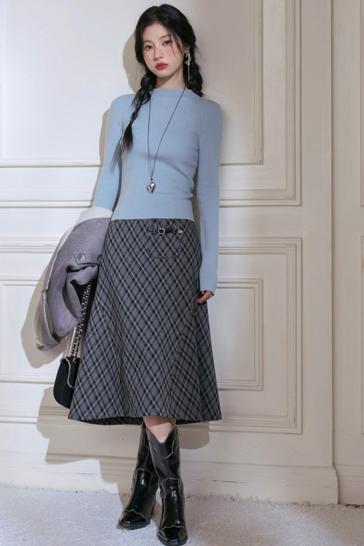 Gray Plaid Leather Skirt