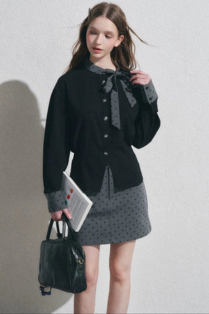 Gray Polka Dot Pullover Shirt and Half-Length Skirt Set-Up