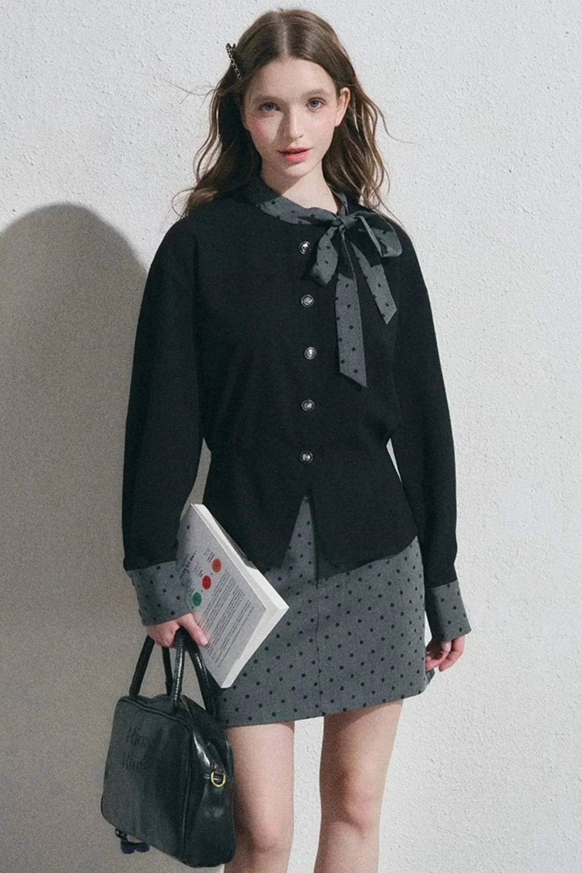 Gray Polka Dot Pullover Shirt and Half-Length Skirt Set-Up