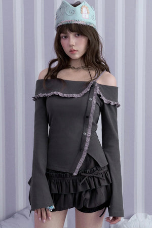Gray Purple Off Shoulder Top