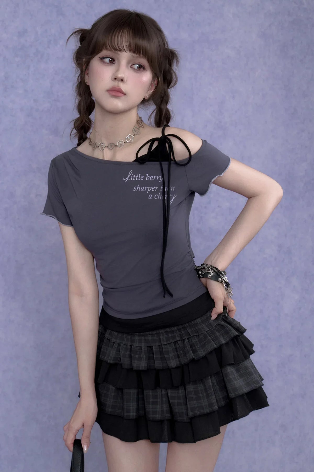 Gray-Purple One-Shoulder Faux Two-Piece Top