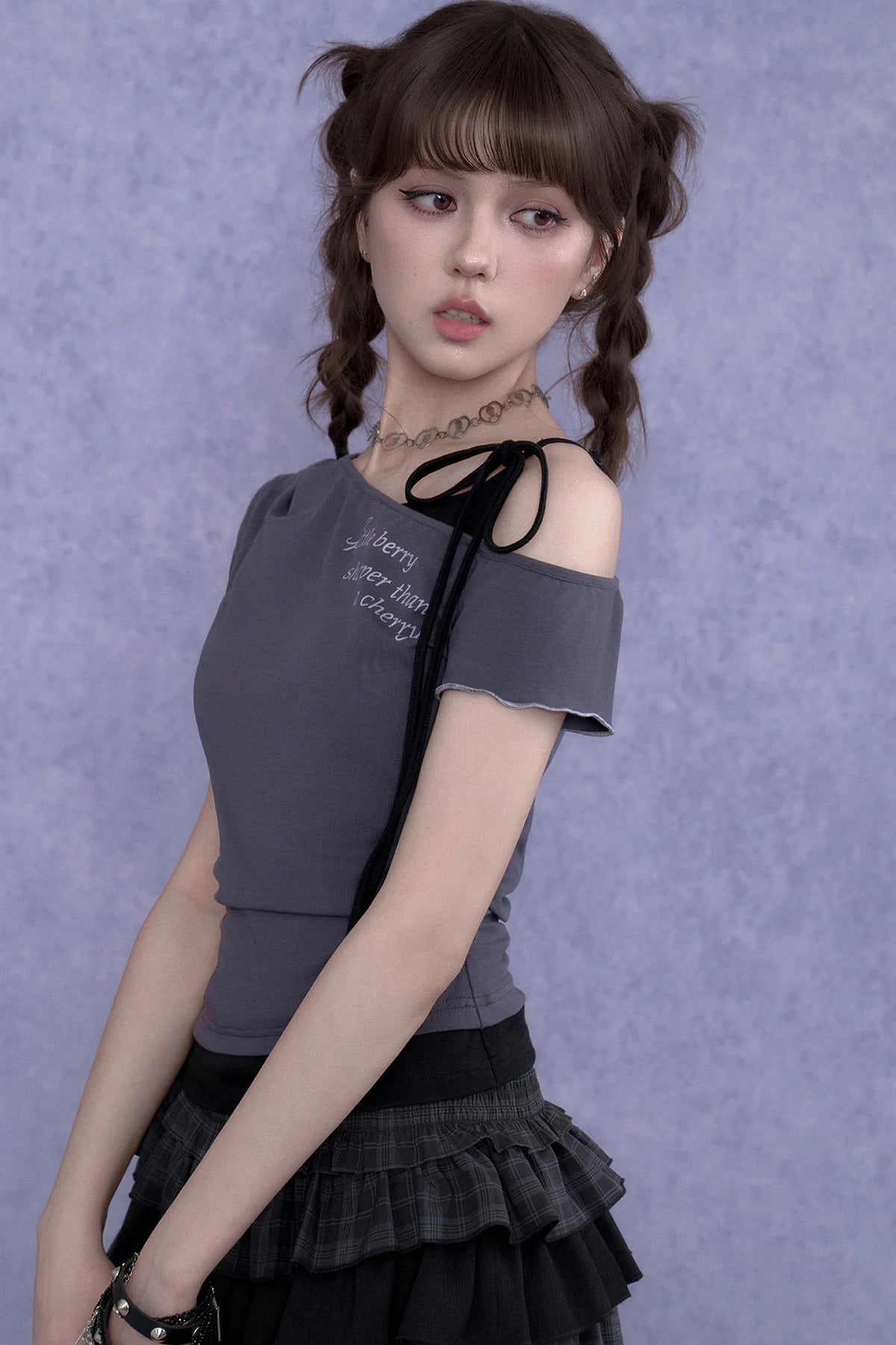 Gray-Purple One-Shoulder Faux Two-Piece Top