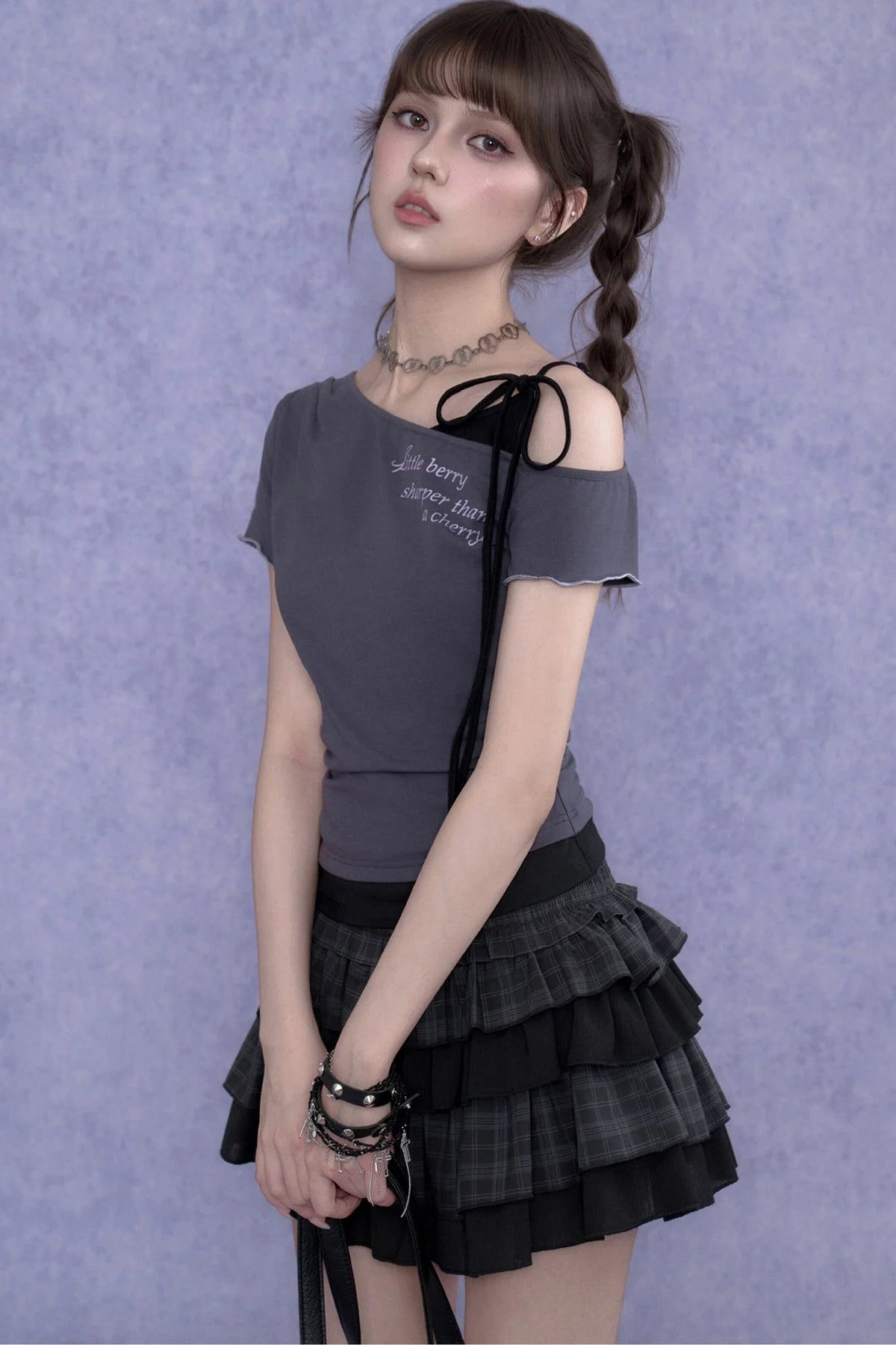 Gray-Purple One-Shoulder Faux Two-Piece Top