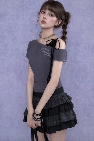 Gray-Purple One-Shoulder Faux Two-Piece Top