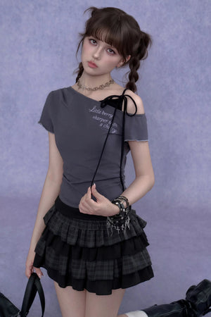 Gray-Purple One-Shoulder Faux Two-Piece Top