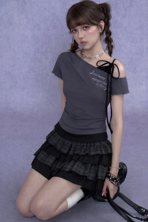 Gray-Purple One-Shoulder Faux Two-Piece Top
