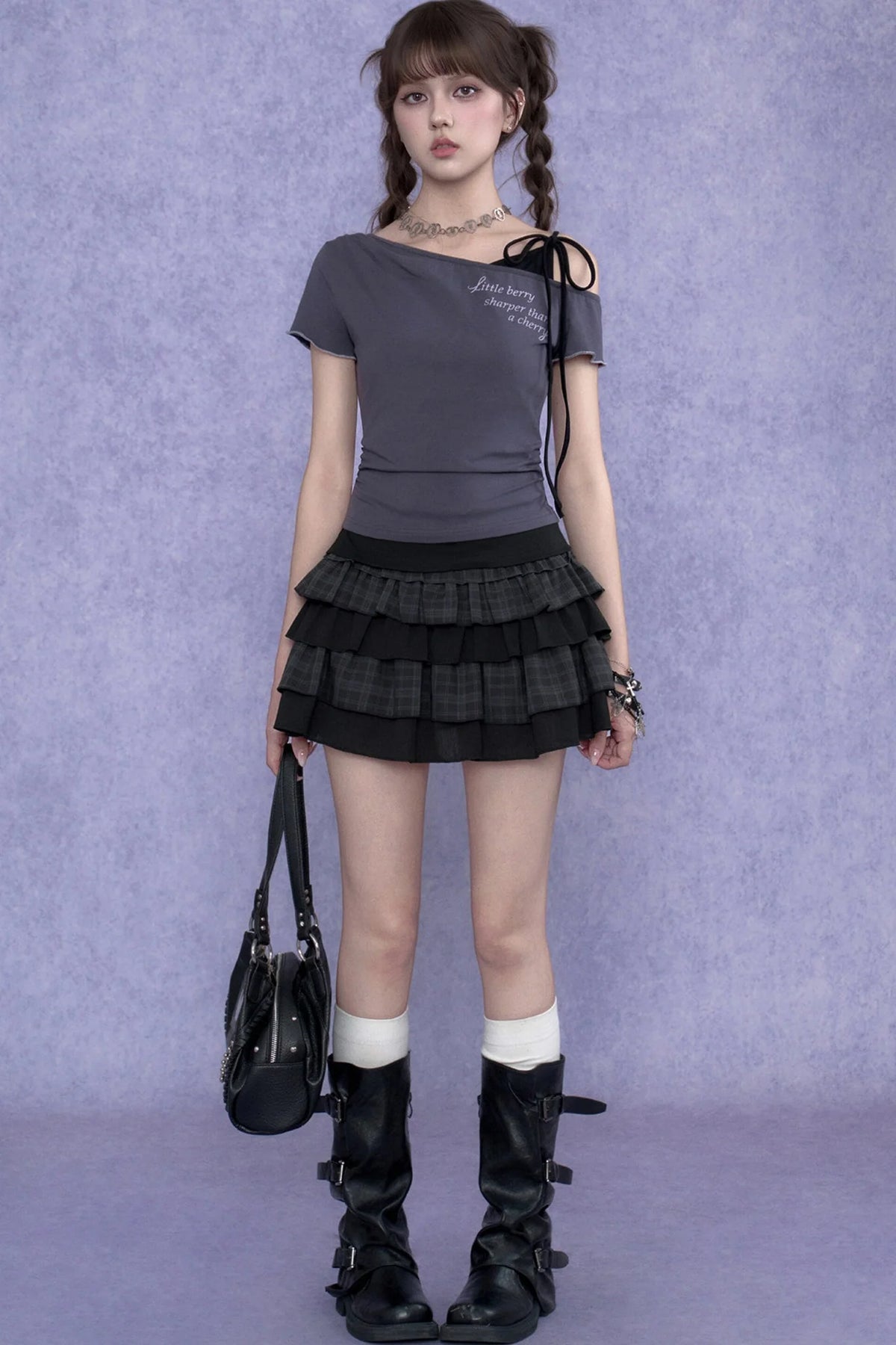 Gray-Purple One-Shoulder Faux Two-Piece Top