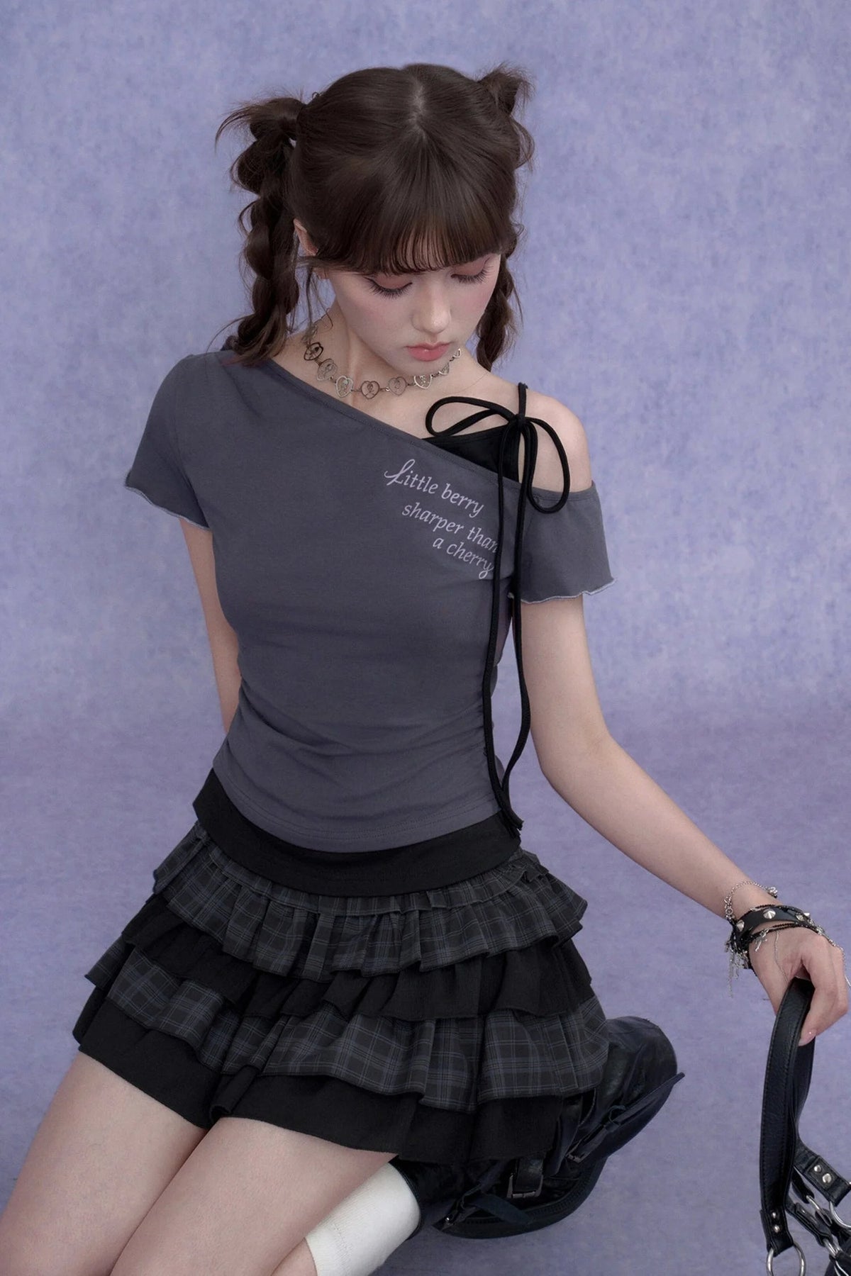 Gray-Purple One-Shoulder Faux Two-Piece Top