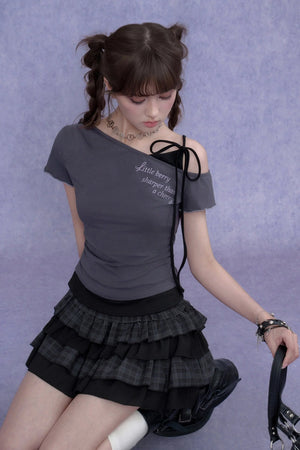 Gray-Purple One-Shoulder Faux Two-Piece Top