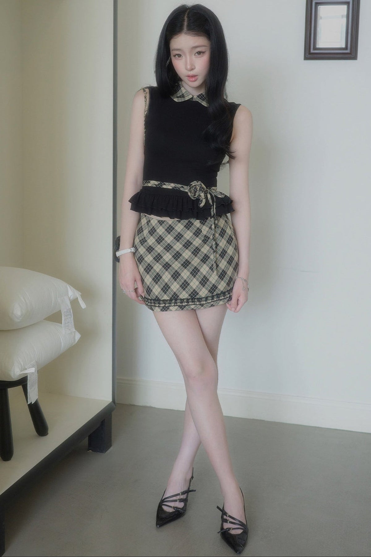 Gray Retro Plaid Two-Piece Set-Up