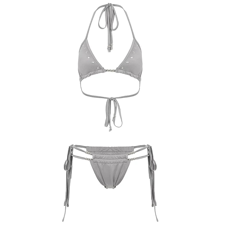 Gray Rivet Beaded Bikini