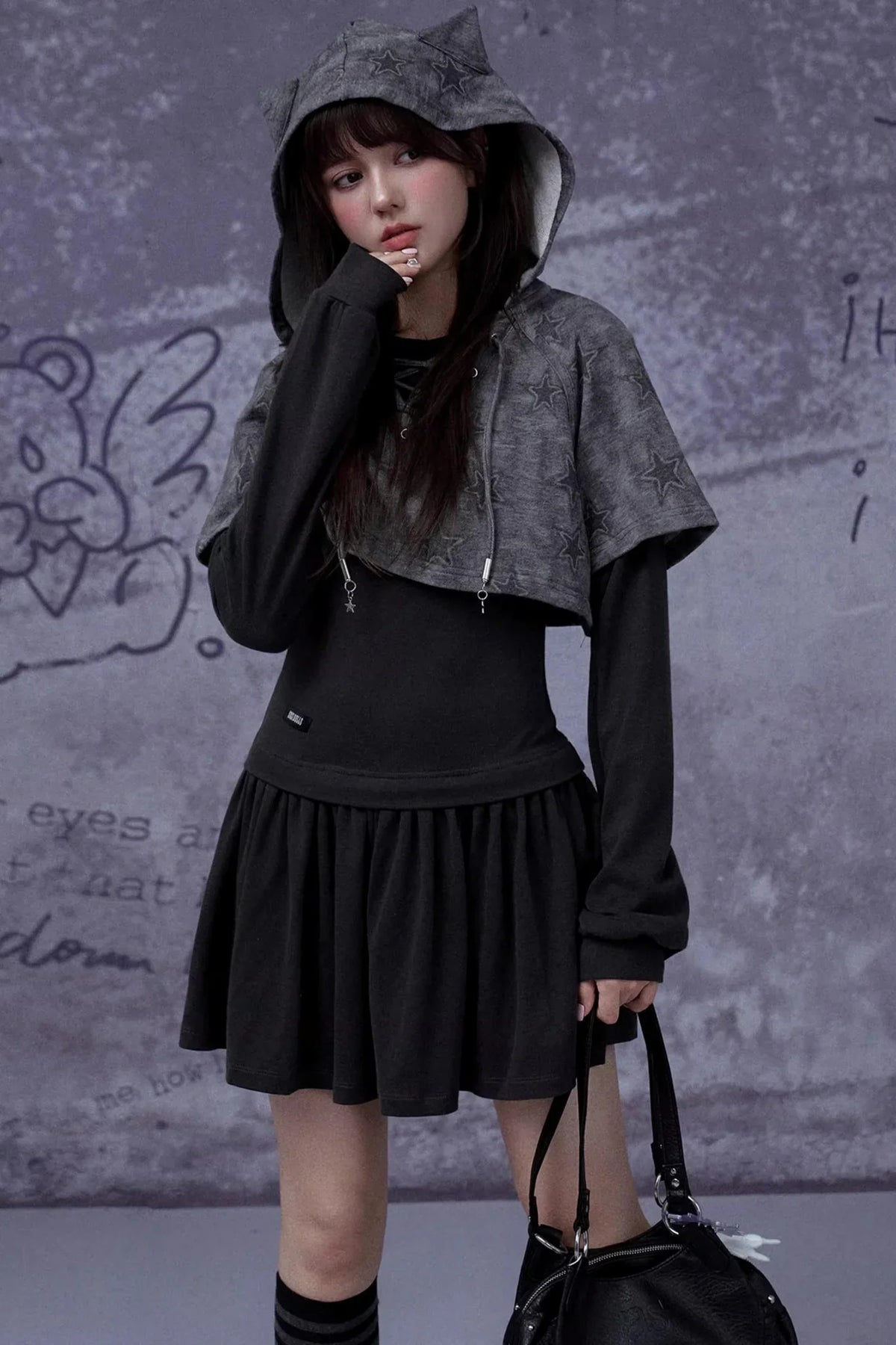 Gray Star Cat Ear Dress Set