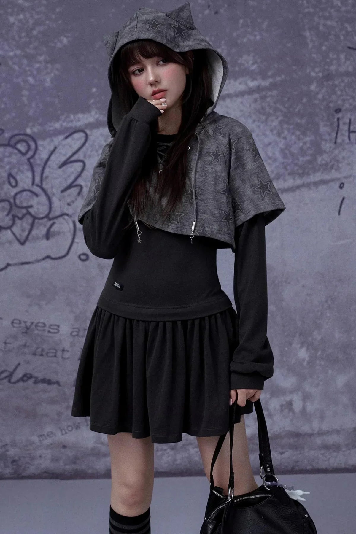 Gray Star Cat Ear Dress Set