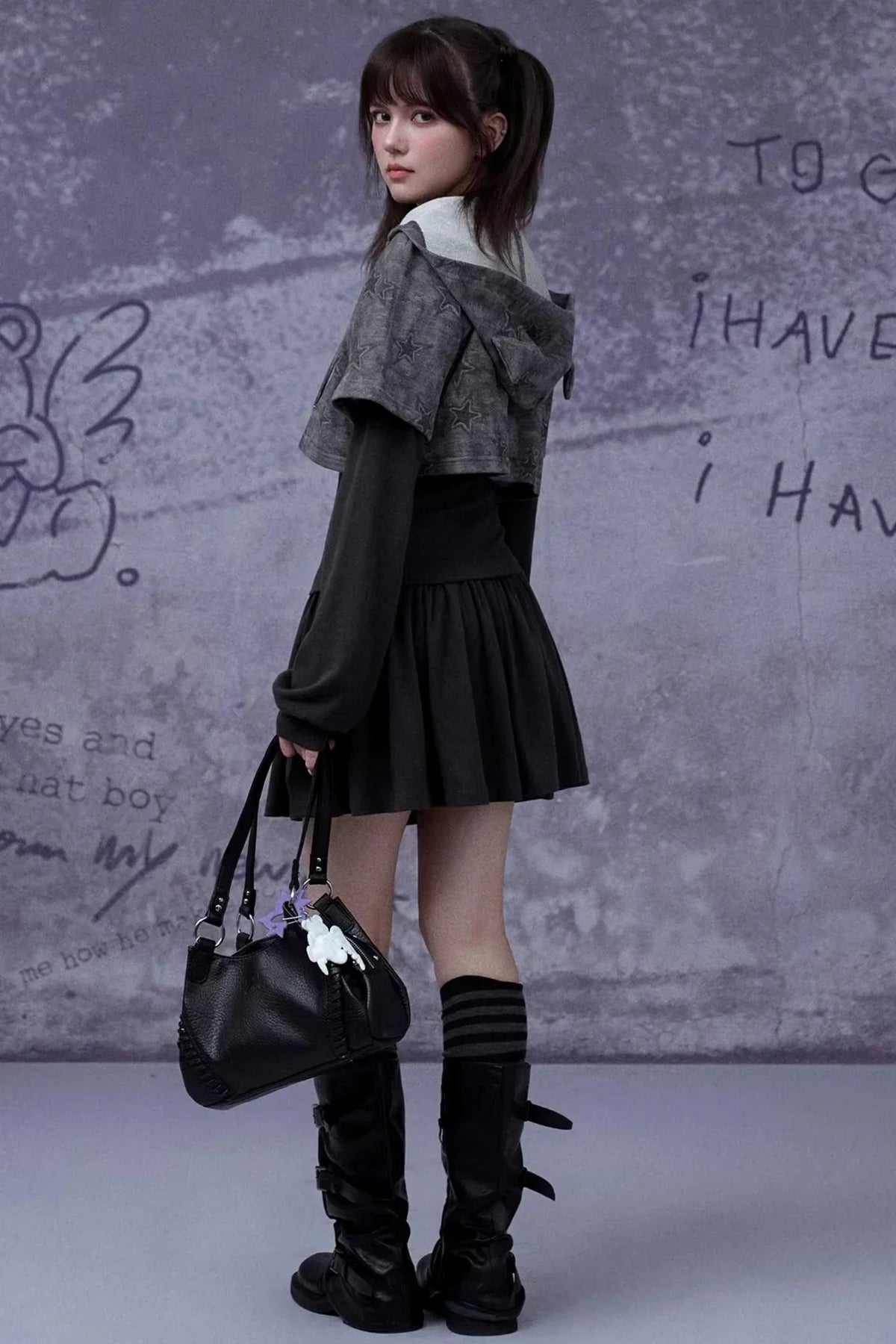 Gray Star Cat Ear Dress Set