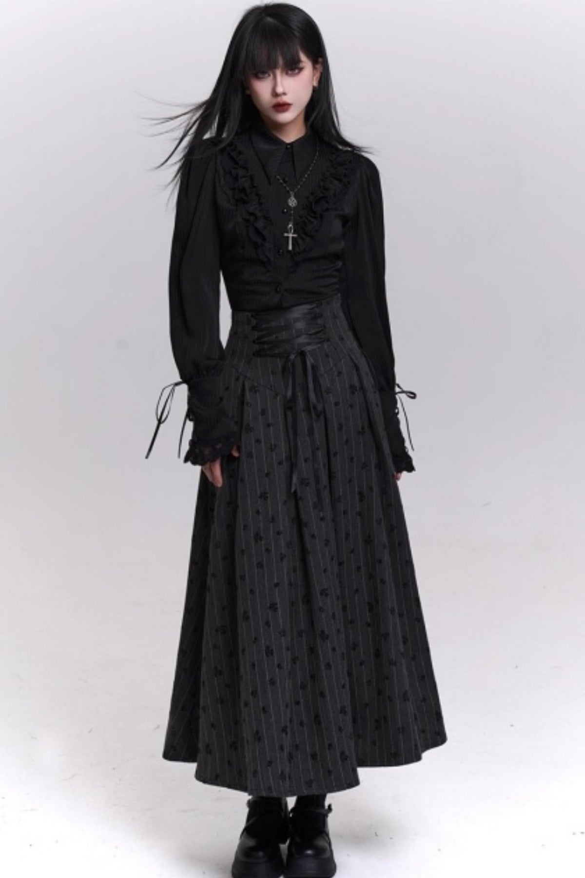 Gray Striped A-Line Skirt