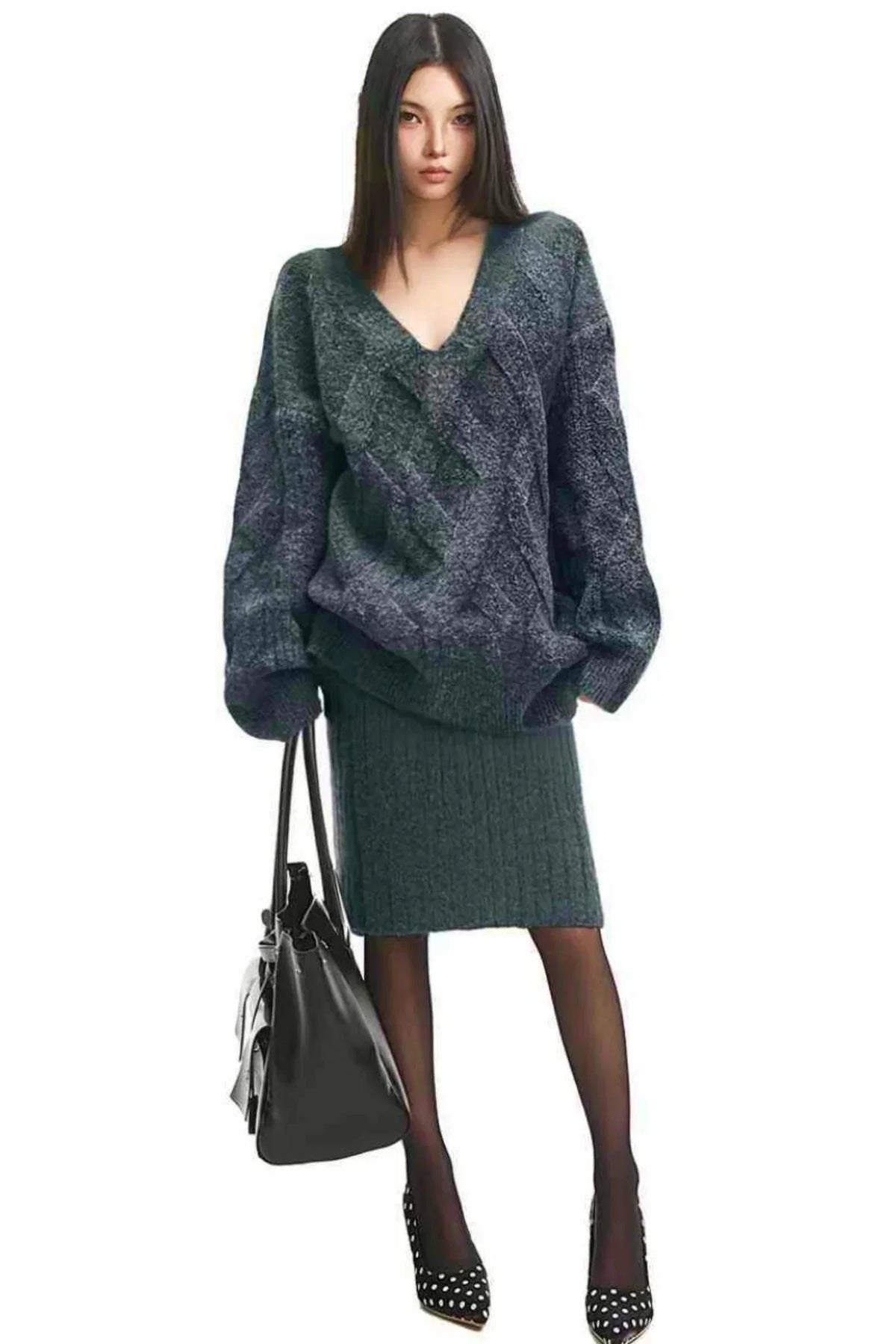 Gray Twist Knit Skirt Suit Set-Up