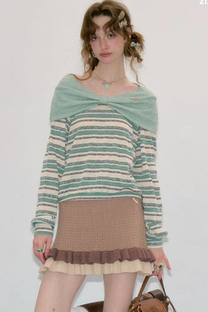 Green Bow Striped Knit T-Shirt Top