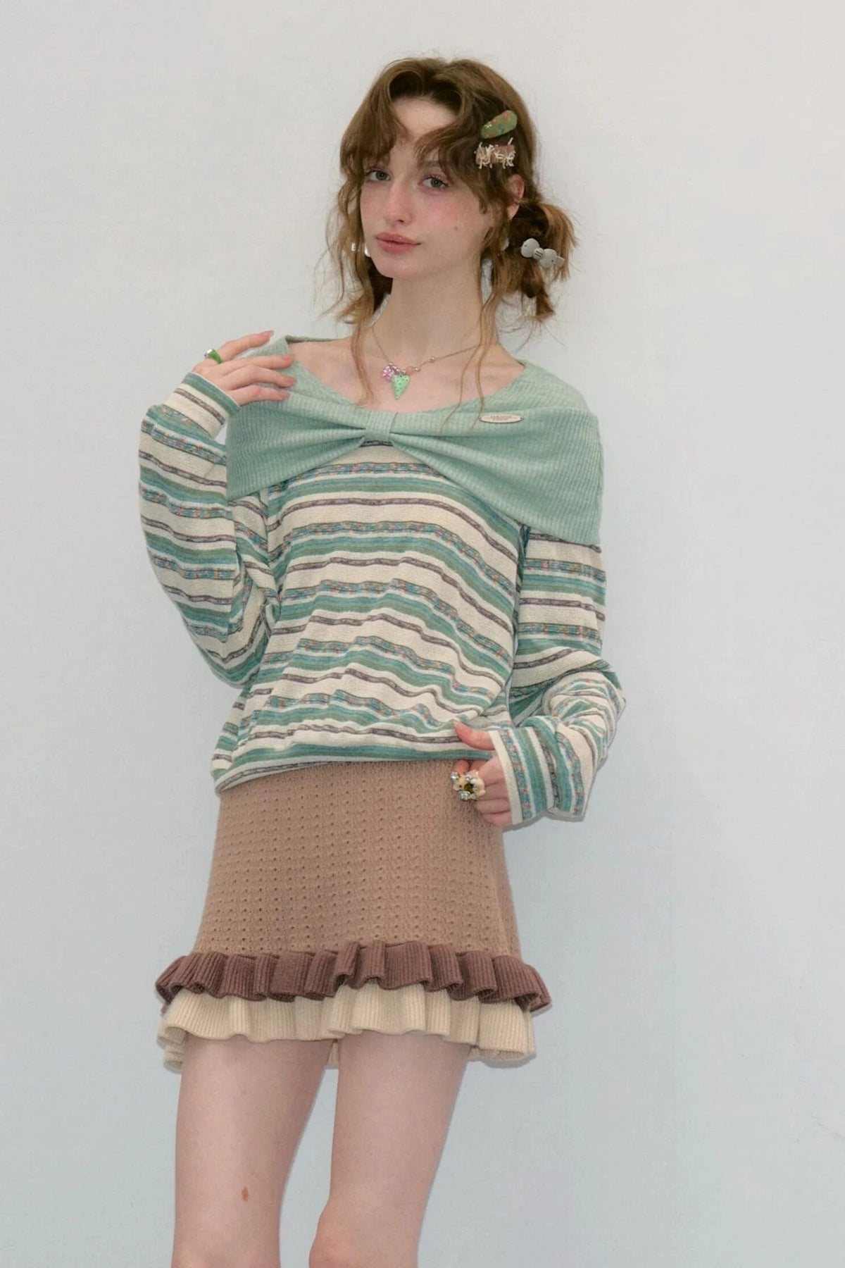 Green Bow Striped Knit T-Shirt Top