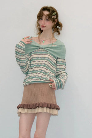 Green Bow Striped Knit T-Shirt Top