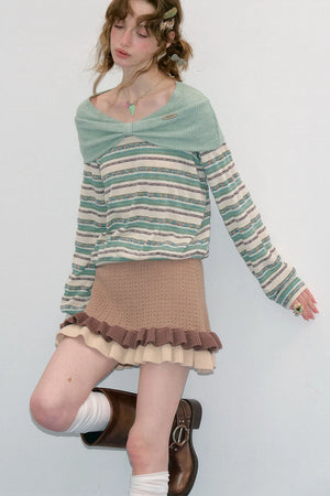 Green Bow Striped Knit T-Shirt Top