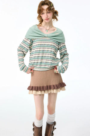 Green Bow Striped Knit T-Shirt Top